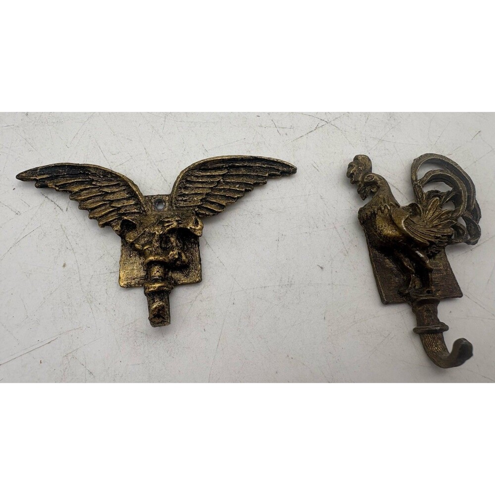 Vintage TRAVCO Brass Wall Hooks Eagle & Rooster Farmhouse Key Hooks Pair